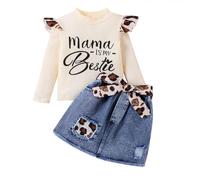 Verve Jelly Tenue 3 pièces pour bébé fille - Maman est ma meilleure amie - Chemise à manches longues à volants + jupe en jean - Robe trapèze + ceinture - Beige 3-4 ans