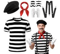 Vervora Costume Pantomime pour homme avec t-shirt rayé et béret | Look noir et blanc complet avec foulard rouge, bretelles, gants et 6 moustaches pour scène et fête