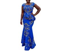 VERWIN Cap Africain Manches Cou carré Longueur Plancher géométrique sirène Maxi Robe Longue Bleu L