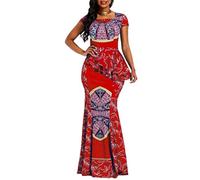 VERWIN Cap Africain Manches Cou carré Longueur Plancher géométrique sirène Maxi Robe Longue Rouge XL