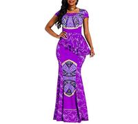 VERWIN Cap Africain Manches Cou carré Longueur Plancher géométrique sirène Maxi Robe Longue Violet XXL
