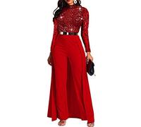 VERWIN Combinaison taille haute de couleur unie avec superposition et ornement pour femme, Paillettes rouges., Medium