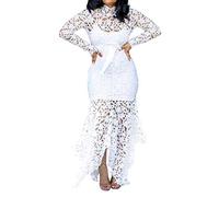 VERWIN Creux-Parole Longueur Lacets Asymetrique Maxi Dress Femmes Robe en Dentelle Sexy Robe de Soiree Blanc M