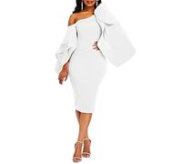 VERWIN Femme Bodycon Ruffle Manches Longues Longueur Genou Hors épaule Robe de soirée Cocktail Blanc L