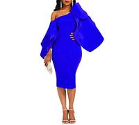 VERWIN Femme Bodycon Ruffle Manches Longues Longueur Genou Hors épaule Robe de soirée Cocktail Bleu XL
