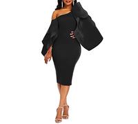 VERWIN Femme Bodycon Ruffle Manches Longues Longueur Genou Hors épaule Robe de soirée Cocktail Noir L