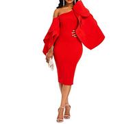 VERWIN Femme Bodycon Ruffle Manches Longues Longueur Genou Hors épaule Robe de soirée Cocktail Rouge XXL