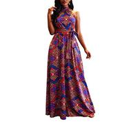 VERWIN Plancher Longueur Lace-up Taille Haute Stand col sans Manches Femmes Maxi Imprimer Robe de Cocktail causale Rouge XL