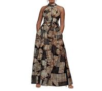 VERWIN Plancher Longueur Lace-up Taille Haute Stand col sans Manches Femmes Maxi Imprimer Robe de Cocktail causale Marron XL