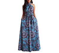 VERWIN Plancher Longueur Lace-up Taille Haute Stand col sans Manches Femmes Maxi Imprimer Robe de Cocktail causale Bleu XL