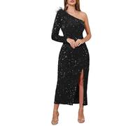 VERWIN Robe à paillettes asymétrique et col oblique pour femme - Robe de cocktail, Noir , XL