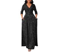 VERWIN Robe à paillettes avec col en V et manches 3/4 pour femme, taille smockée, robe de cocktail longue fluide avec poches, Noir , L