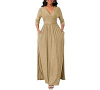 VERWIN Robe à paillettes avec col en V et manches 3/4 pour femme, taille smockée, robe de cocktail longue fluide avec poches, camel, Taille M