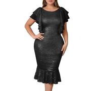 VERWIN Robe à paillettes grande taille - Robe midi moulante à manches volantées - Robe à ourlet sirène - Robe décontractée à col rond étincelant - Robe de cocktail, de soirée, Noir , 5XL Grande taille