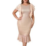VERWIN Robe à paillettes grande taille - Robe midi moulante à manches volantées - Robe à ourlet sirène - Robe décontractée à col rond étincelant - Robe de cocktail, de soirée, champagne, 5XL Grande