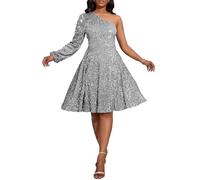 VERWIN Robe à paillettes pour femme - Robe patineuse à manches longues - Sans manches - Robe midi scintillante - Style décontracté - Robe de cocktail, gris, L