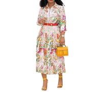 VERWIN Robe d'été pour Femme Manches Longues Plissé Fleur Robe Chemise Robe (X-Grande, Rose)