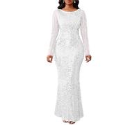 VERWIN Robe Femme à Paillettes Bodycon à Col Rond Manches Longues Robe de Sirène Maxi Robe de Cocktail Décontractée pour Soirée, blanc, XXL
