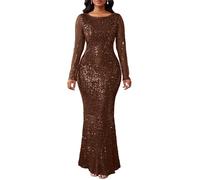 VERWIN Robe Femme à Paillettes Bodycon à Col Rond Manches Longues Robe de Sirène Maxi Robe de Cocktail Décontractée pour Soirée, marron, M