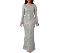 VERWIN Robe Femme à Paillettes Bodycon à Col Rond Manches Longues Robe de Sirène Maxi Robe de Cocktail Décontractée pour Soirée, gris, XXL