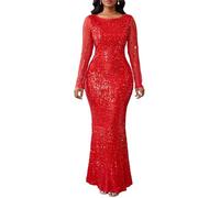 VERWIN Robe Femme à Paillettes Bodycon à Col Rond Manches Longues Robe de Sirène Maxi Robe de Cocktail Décontractée pour Soirée, Rouge, XXL