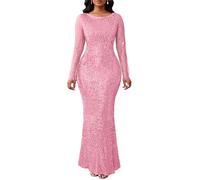 VERWIN Robe Femme à Paillettes Bodycon Robe Col Rond Manches Longues Étincelante Sirène Maxi Robe Décontractée de Soirée Cocktail, rose, XXL