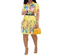 VERWIN Robe Femme Élégante Manches Courtes Plissée Fleur Mini Chemise Décontractée pour Femmes (XX-Grande, Jaune)