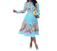 VERWIN Robe Femme Élégante Manches Longues Plissée Fleur Décontractée pour Femmes (X-Grande, Bleu)