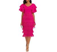 VERWIN Robe longue à franges pour femme - Taille haute - Col en V - Manches volantées - Robe de bal moulante, rose, Taille M