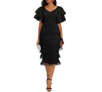 VERWIN Robe longue à franges pour femme - Taille haute - Col en V - Pompons - Manches volants - Robe de bal moulante, Noir , L