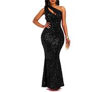 VERWIN Robe longue à paillettes sans manches avec col oblique pour femme, robe de soirée, Noir , Large