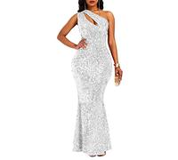 VERWIN Robe longue en paillettes sans manches avec col oblique pour femme, robe de soirée, blanc, Medium
