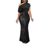 VERWIN Robe longue en sequins pour femmes avec volants, une épaule, ajustée, brillante, sirène pour soirée et cocktail, noir, Taille L