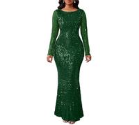 VERWIN Robe longue moulante à paillettes et col rond à manches longues pour femme, style sirène, décontracté, fête, cocktail, vert, Taille XL