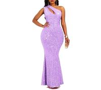VERWIN Robe longue moulante de soirée à paillettes sans manches col oblique sirène pour femme, violet clair, XX-Large