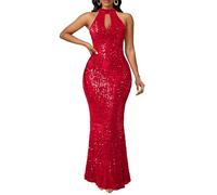 VERWIN Robe longue moulante sans manches à paillettes pour cocktail, soirée, dos nu, dos nu, paillettes, Rouge, Taille M