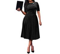 VERWIN Robe longue plissée à manches courtes et col rond pour femme, noir, Taille M