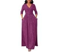 VERWIN Robe longue pour femme à paillettes, col en V, manches 3/4, robe droite taille smockée, maxi robe fluide avec poches, robe de cocktail longue, violet, M