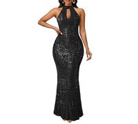 VERWIN Robe longue sans manches à col halter scintillante décontractée pour soirée, cocktail, soirée de mariage en forme de sirène, Noir , L