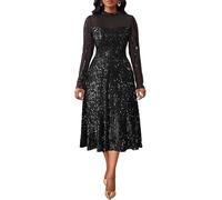 VERWIN Robe midi à paillettes et col rond et manches longues pour femme, noir, XX-Large
