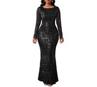 VERWIN Robe moulante à paillettes pour femme - Col rond - Manches longues - Robe longue sirène scintillante - Robe longue décontractée - Robe de cocktail, Noir , XXL