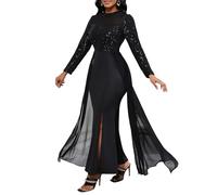 VERWIN Robe moulante à paillettes pour femme - En mousseline de soie - Avec fente latérale - Patchwork, noir, XX-Large