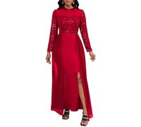 VERWIN Robe moulante à paillettes pour femme - En mousseline de soie - Avec fente latérale - Patchwork, Rouge, Taille L