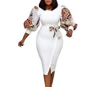 VERWIN Robe moulante fendue à manches trois-quarts et col rond et manches bouffantes pour femme, blanc, Taille L