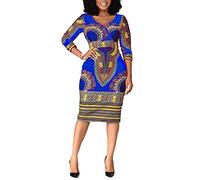VERWIN Robe Moulante mi-Mollet a col en V et a Manches Trois-Quarts pour Femme Bleu XL