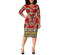 VERWIN Robe Moulante mi-Mollet a col en V et a Manches Trois-Quarts pour Femme Rouge XXL