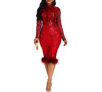 VERWIN Robe moulante patchwork à paillettes pour femme - Robe élégante à manches longues - Plume - Robe de fête, Rouge, XX-Large