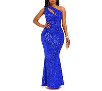 VERWIN Robe moulante sans manches à col oblique sirène à paillettes pour femme, bleu, Taille XL