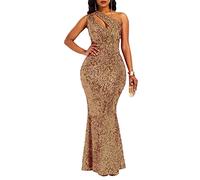 VERWIN Robe moulante sans manches à col oblique sirène à paillettes pour femme, camel, Taille M