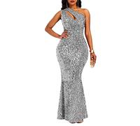 VERWIN Robe moulante sans manches à col oblique sirène à paillettes pour femme, gris, Taille M